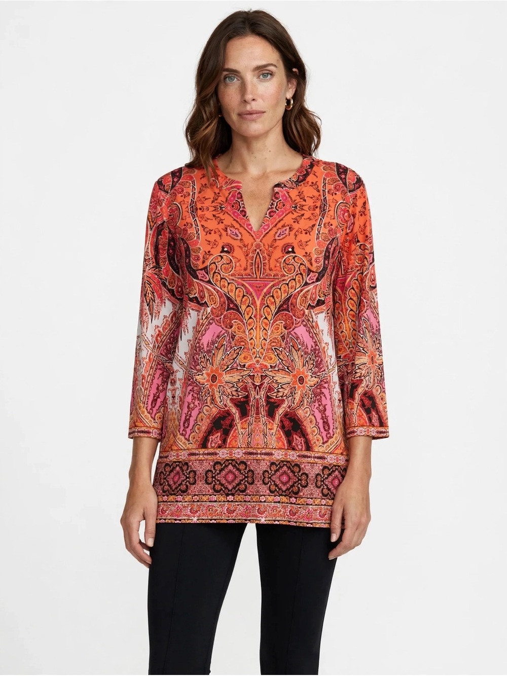 Susan Graver Orange and Pink Paisley Split-Neck Tunic